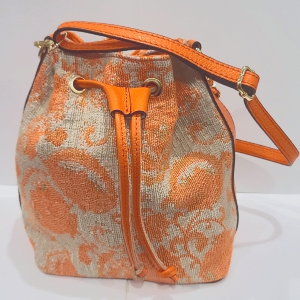 🆕Leather & Tapestry Crossbody Bucket Bag - Orange / Ivory ~ From Italy NEW